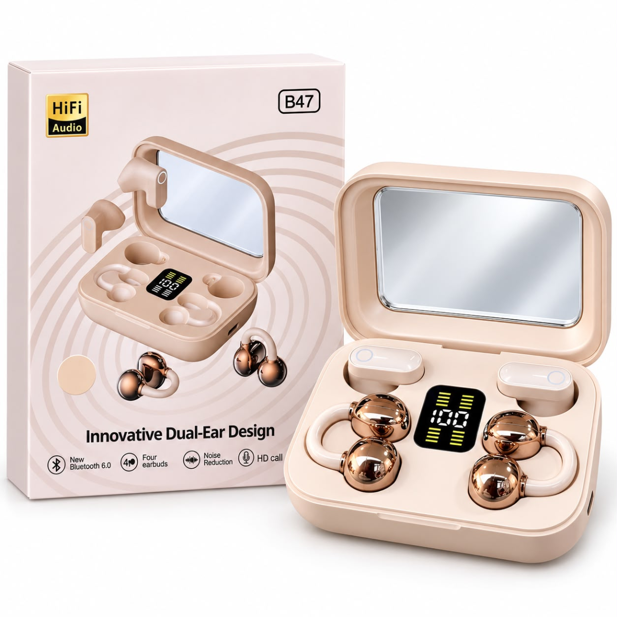 B47 AUDIFONO BLUETOOTH 2 EN 1 (BEIGE)
