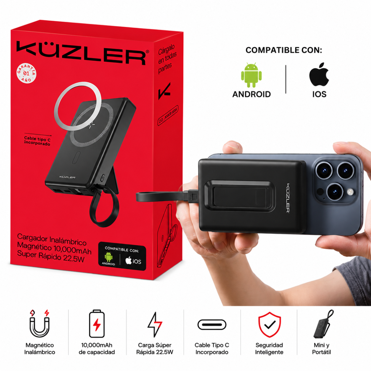 KUZLER PORTATIL CARGA INALAMBRICA 10000MAH VOLTX-101