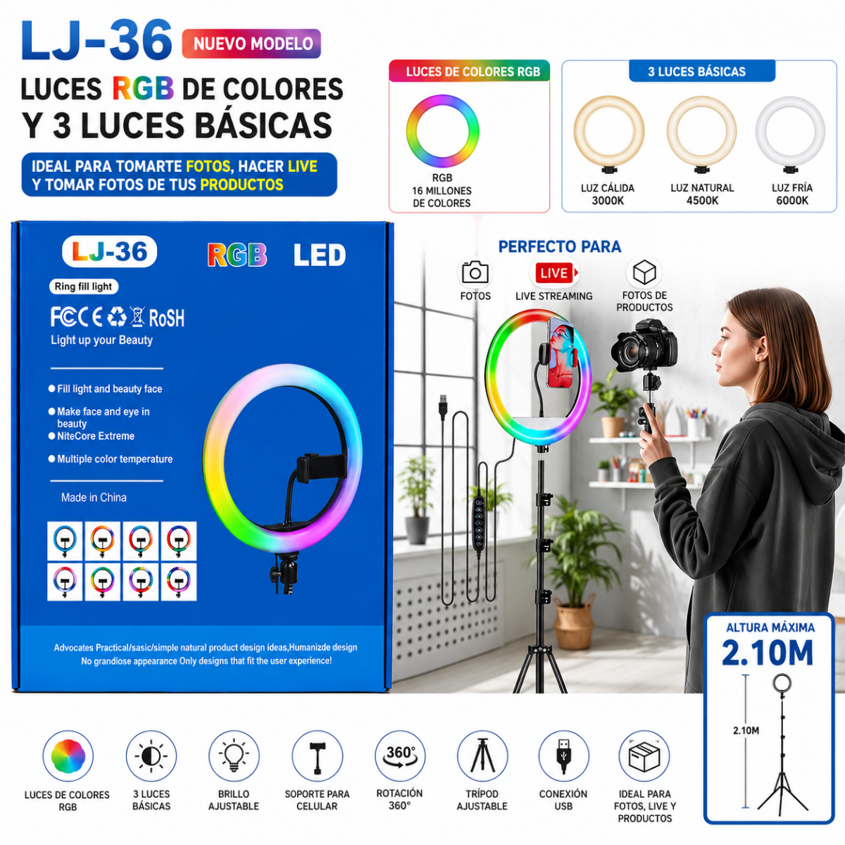 ARO LED 36CM RGB + TRIPOD 2.1M