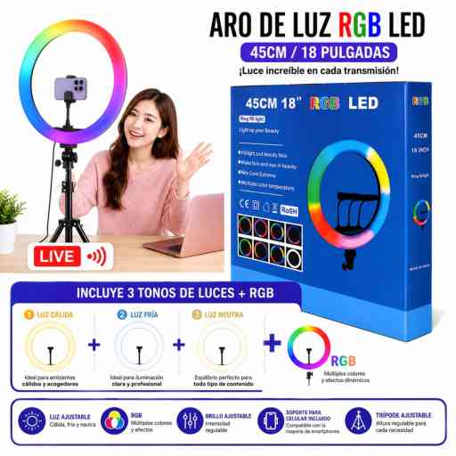 ARO DE LUZ LED 45CM RGB + LUZ BLANCA TRIPOD 2.1M