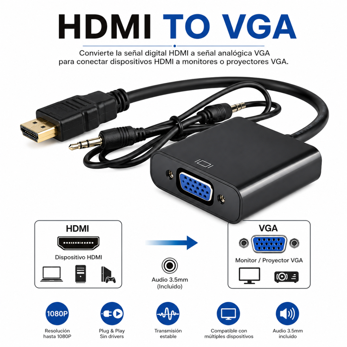 ADAPTADOR HDMI A VGA CON AUDIO