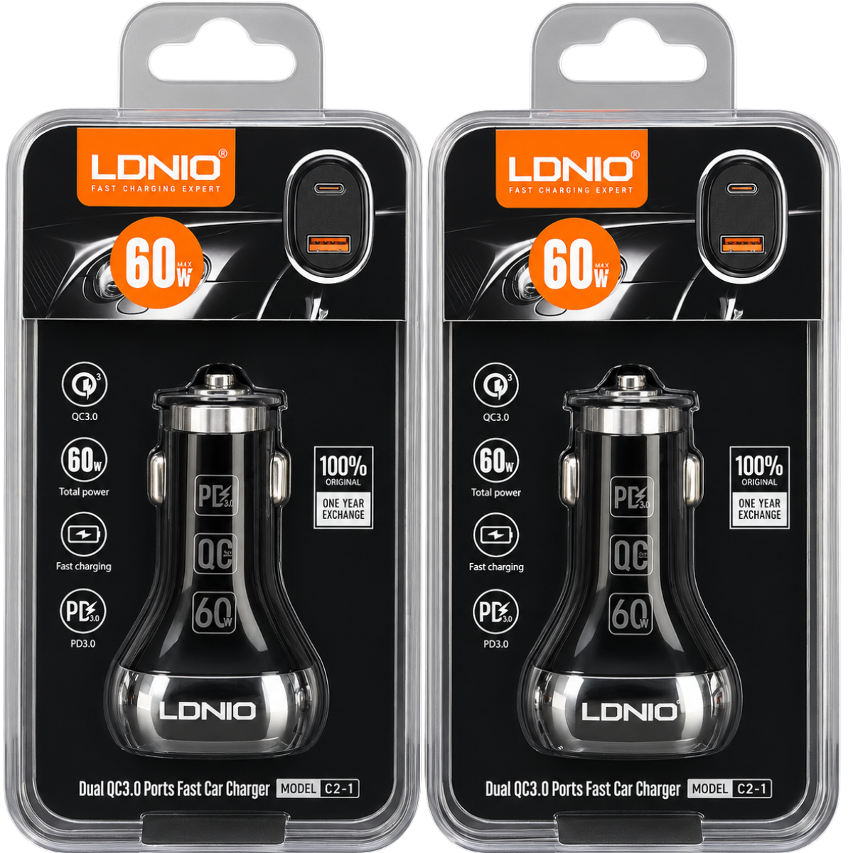 LDNIO C2-1  CARGADOR 60W DE AUTO CABLE TC/TC