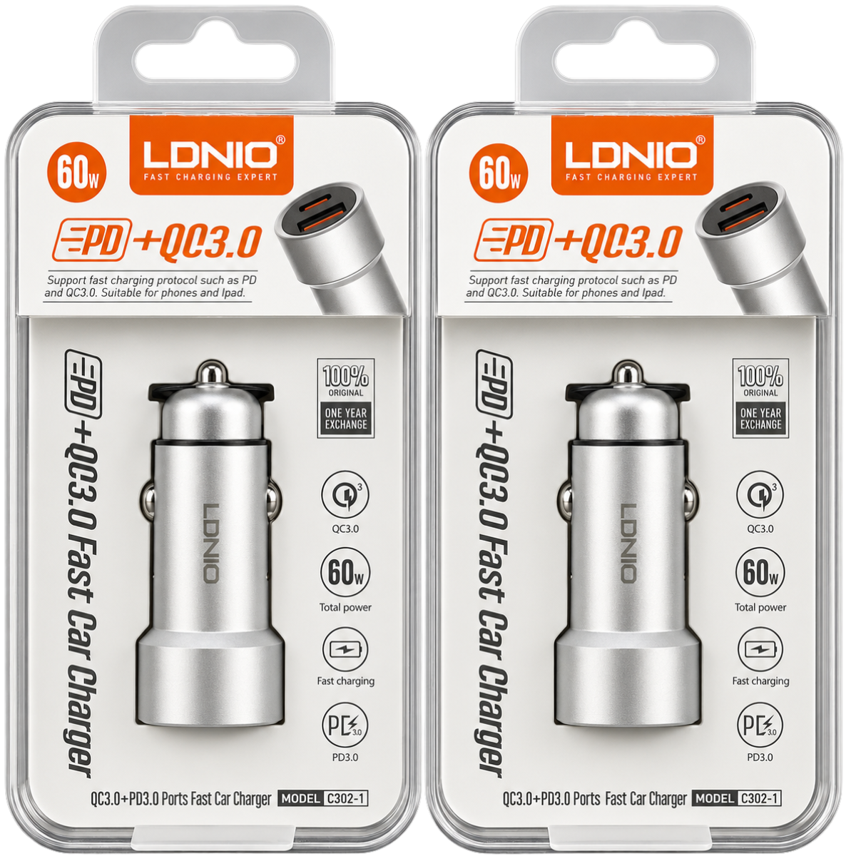 LDNIO C302-1 CARGADOR 60W DE AUTO CABLE TC/TC