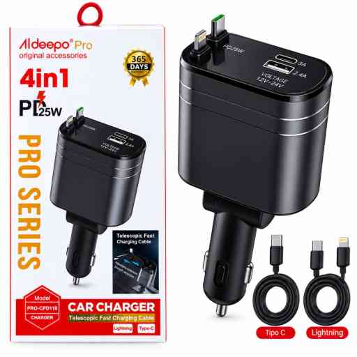 ALDEEPO PRO-CPD118 CARGADOR DE AUTO CON CABLE RETRACTIL